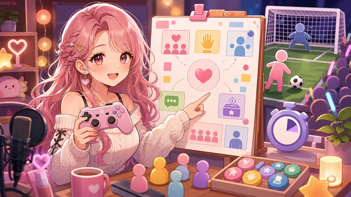 ゲームパッドと抽象的な対戦アイコンが並ぶ配信部屋で女性キャラクターが企画メモを指差すイメージ