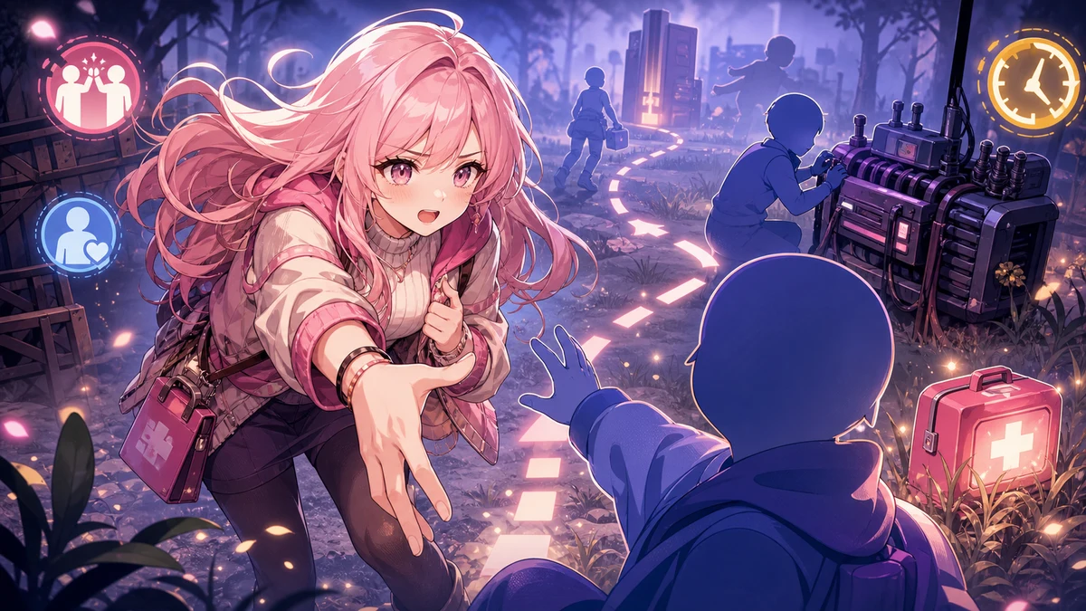 霧のかかった抽象的なゲームフィールドでピンク髪の女性キャラクターが仲間を助ける動きを示すイメージ
