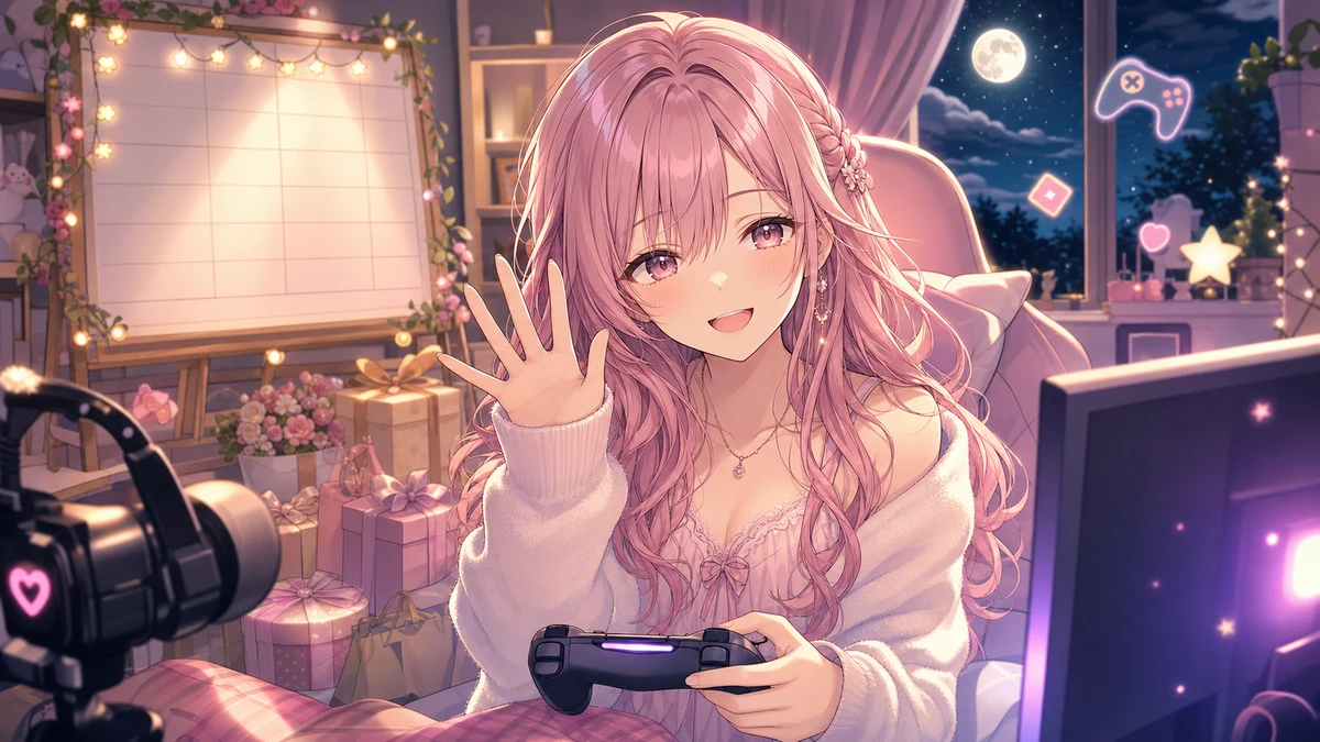 夜の配信部屋でピンク髪の女性キャラクターがゲーム画面と予定表を前に手を振るイメージ