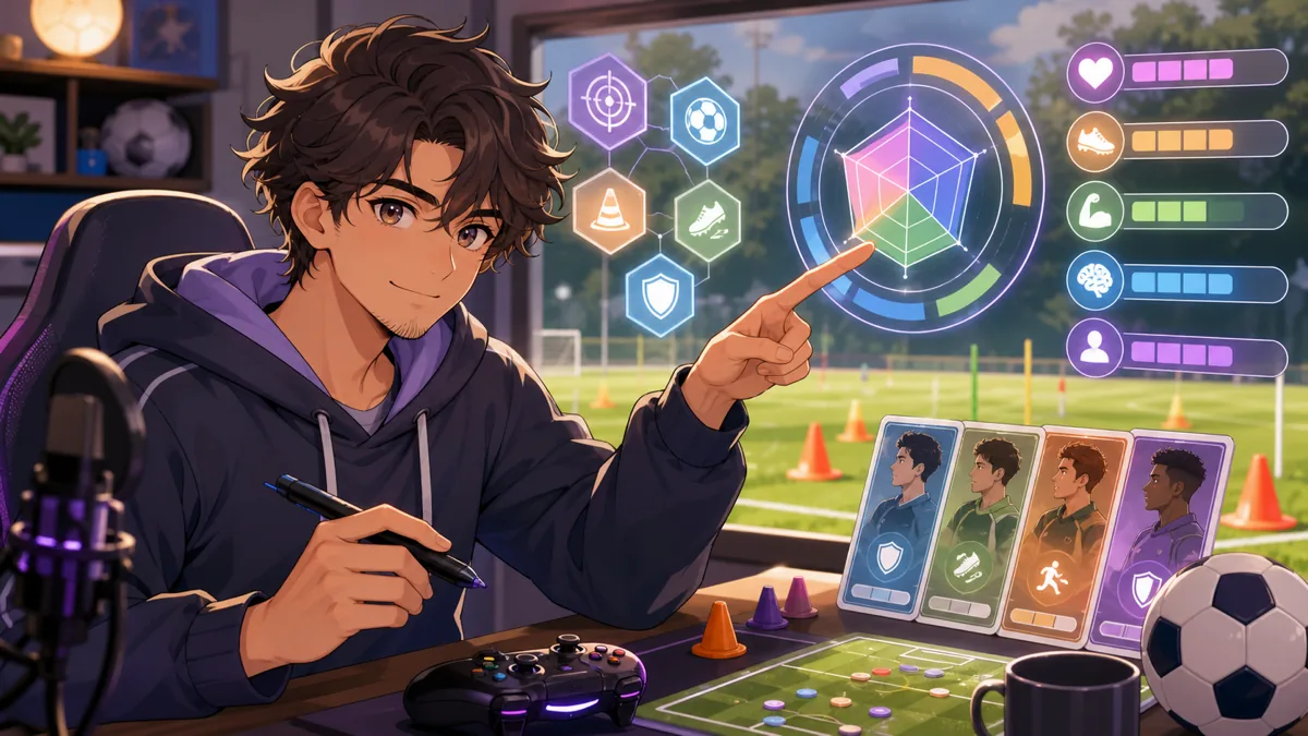 育成方針と評価ゲージを楽しく考えるサッカーゲーム配信のイメージ