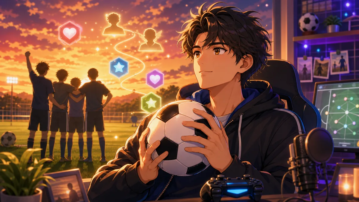 サッカーのライバル関係と成長ドラマを温かく描いたゲーム配信イメージ