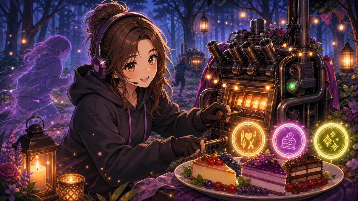 発電機の前で霧の中の足跡と光る料理皿を見比べる女性キャラクターのイメージ