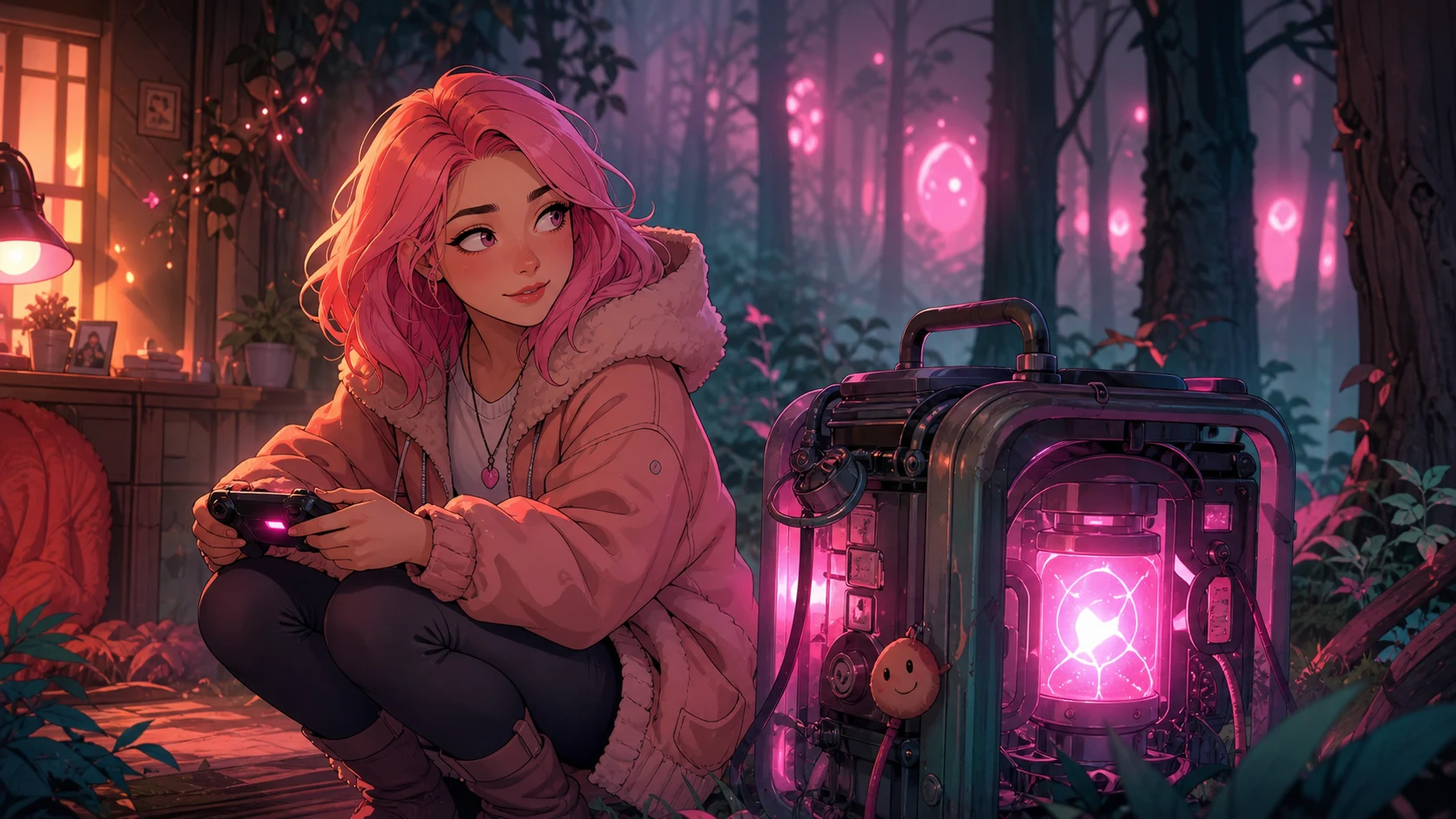 薄暗い森の発電機そばでしゃがみながら様子を見るピンク髪の女性キャラクターのイメージ
