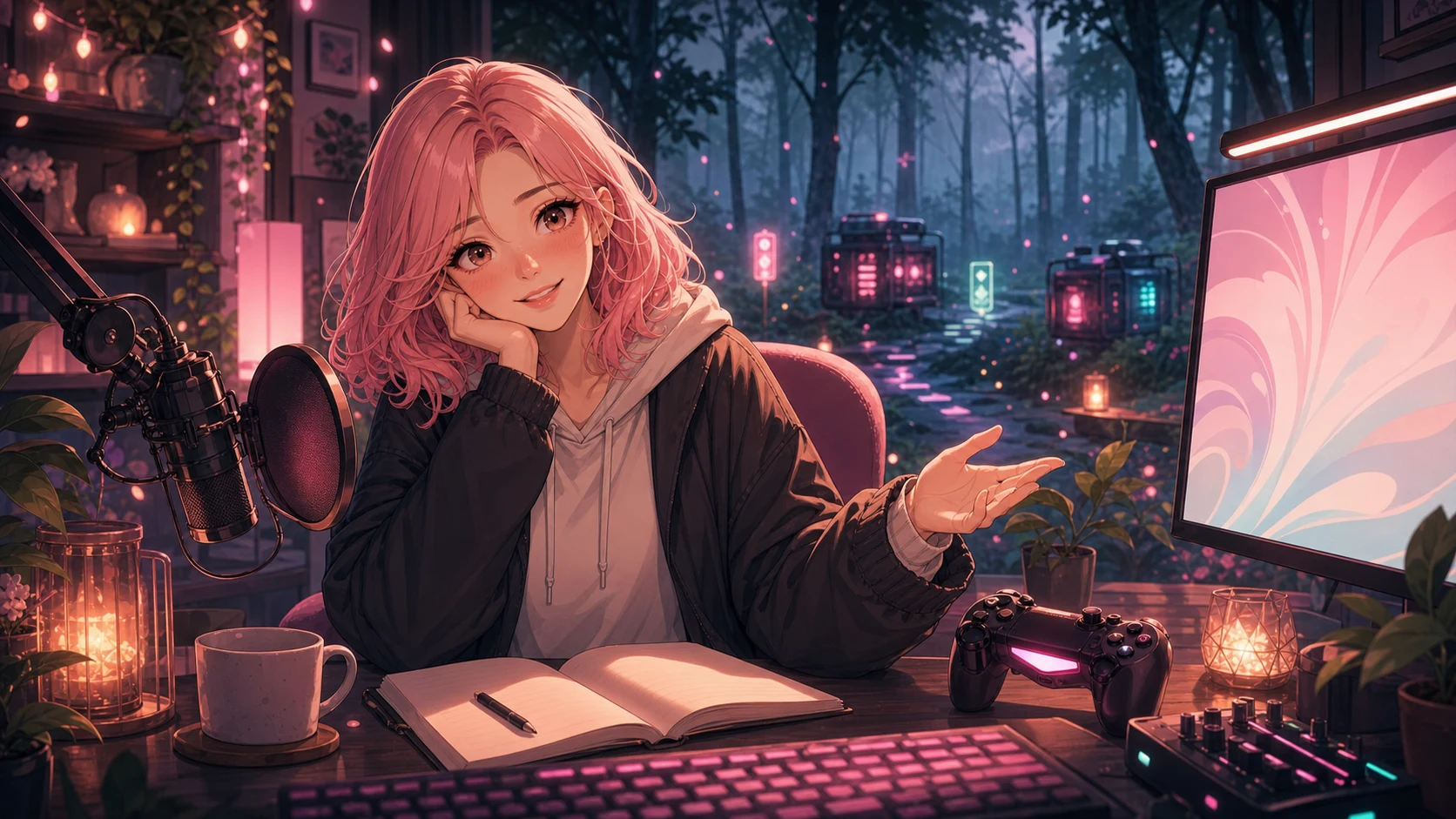配信部屋のモニターとカップを前にゲーム参加を案内する女性キャラクターのイメージ