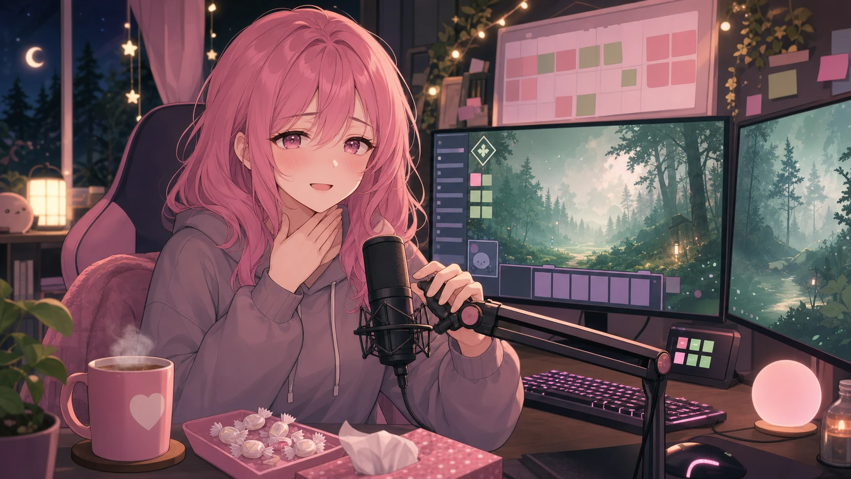 配信部屋のモニター前でマイクと飲み物を置き、ゲーム開始前に準備する女性キャラクターのイメージ