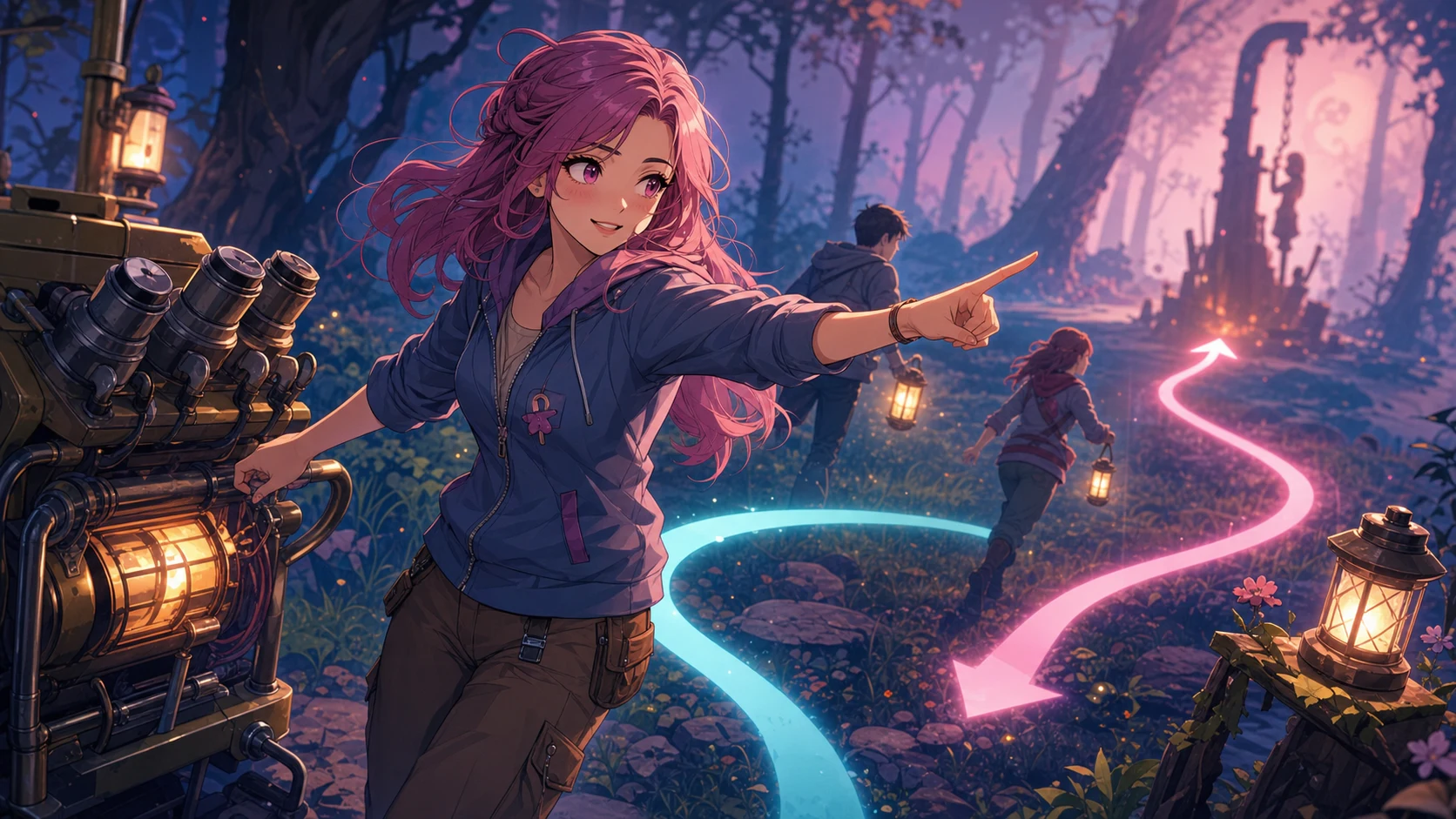 霧の森で発電機とフックを見比べながら救助のタイミングを探る女性キャラクターのイメージ