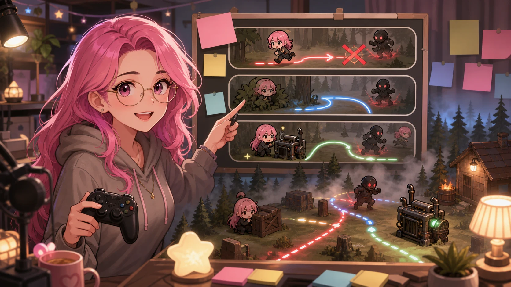 明るいゲーム配信部屋で小さな作戦ボードと発電機の模型を見ながら説明する女性キャラクターのイメージ