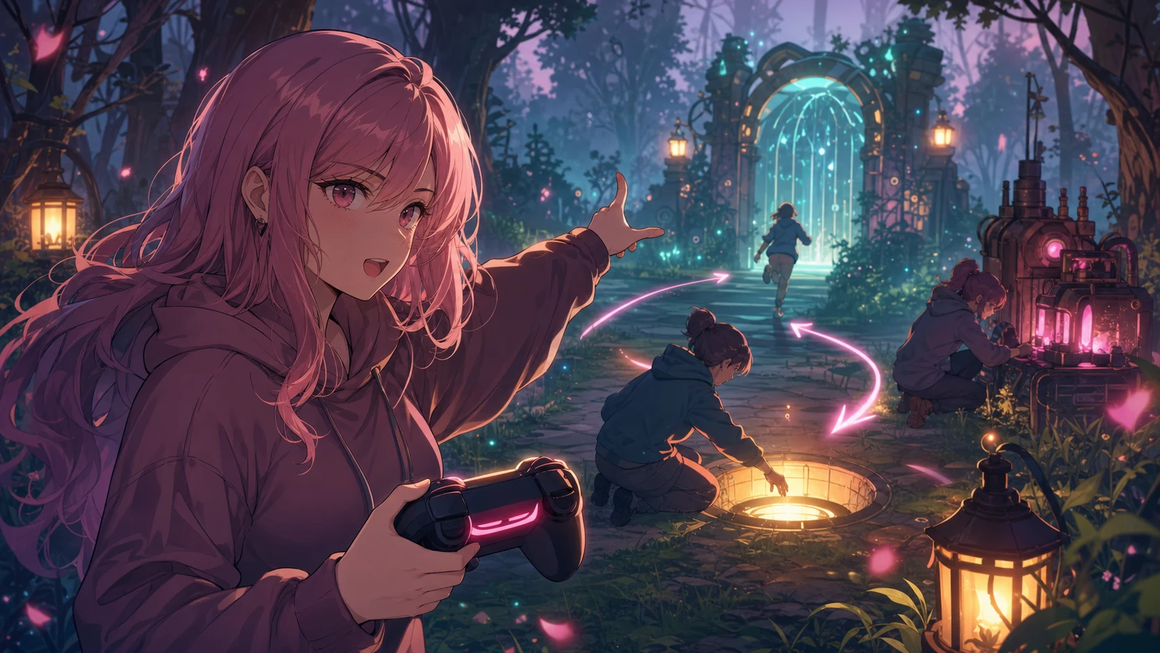 霧の森の出口ゲート近くで発電機の光と救助マークを見ながら判断する女性キャラクターのイメージ