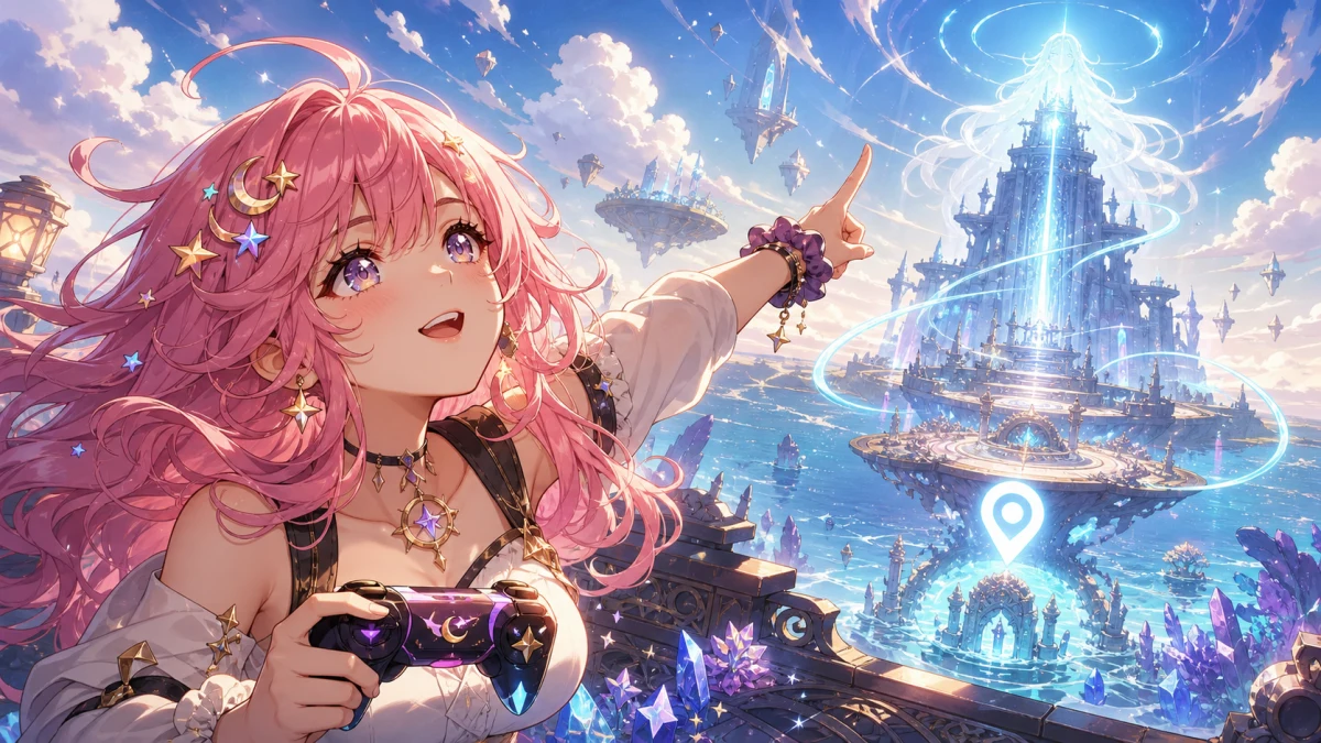 光の塔の屋上へ向かう浮遊床と青白い光を見上げる女性キャラクター