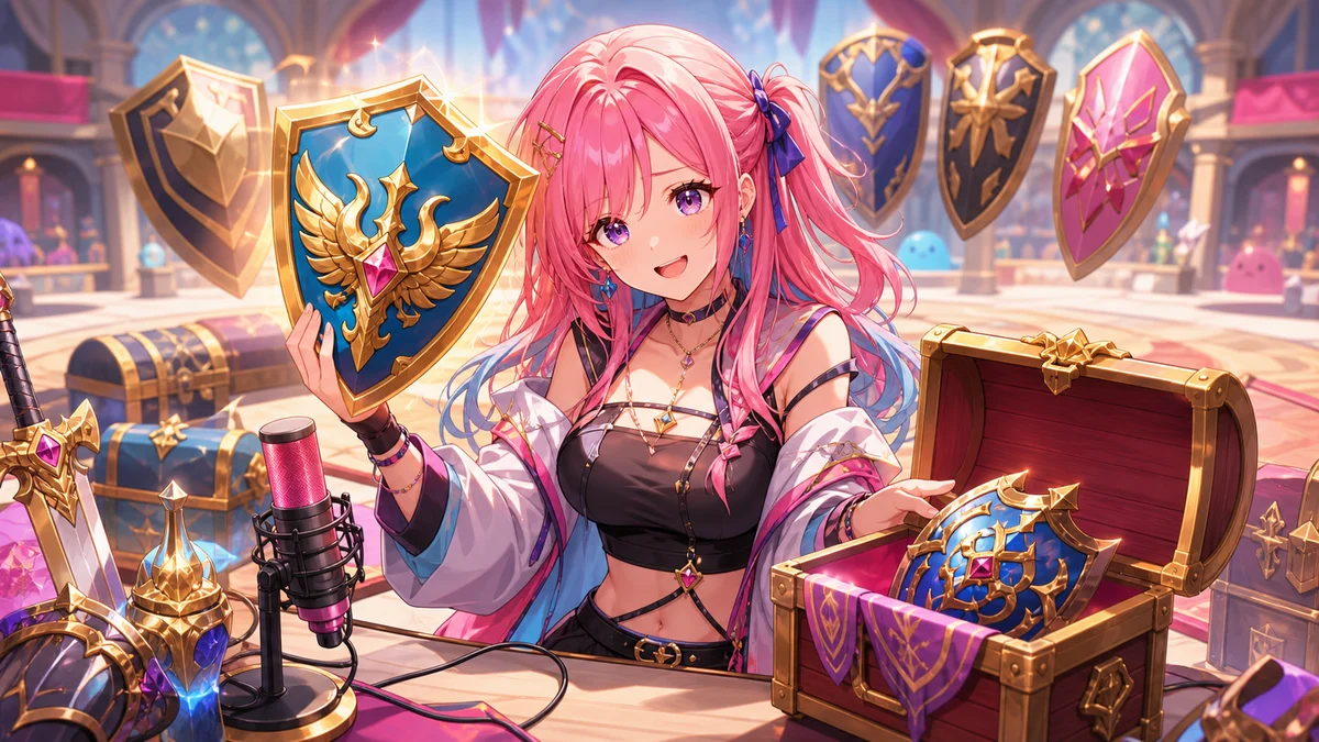明るい訓練場で宝箱と盾を見比べながら首をかしげる女性キャラクターのイメージ