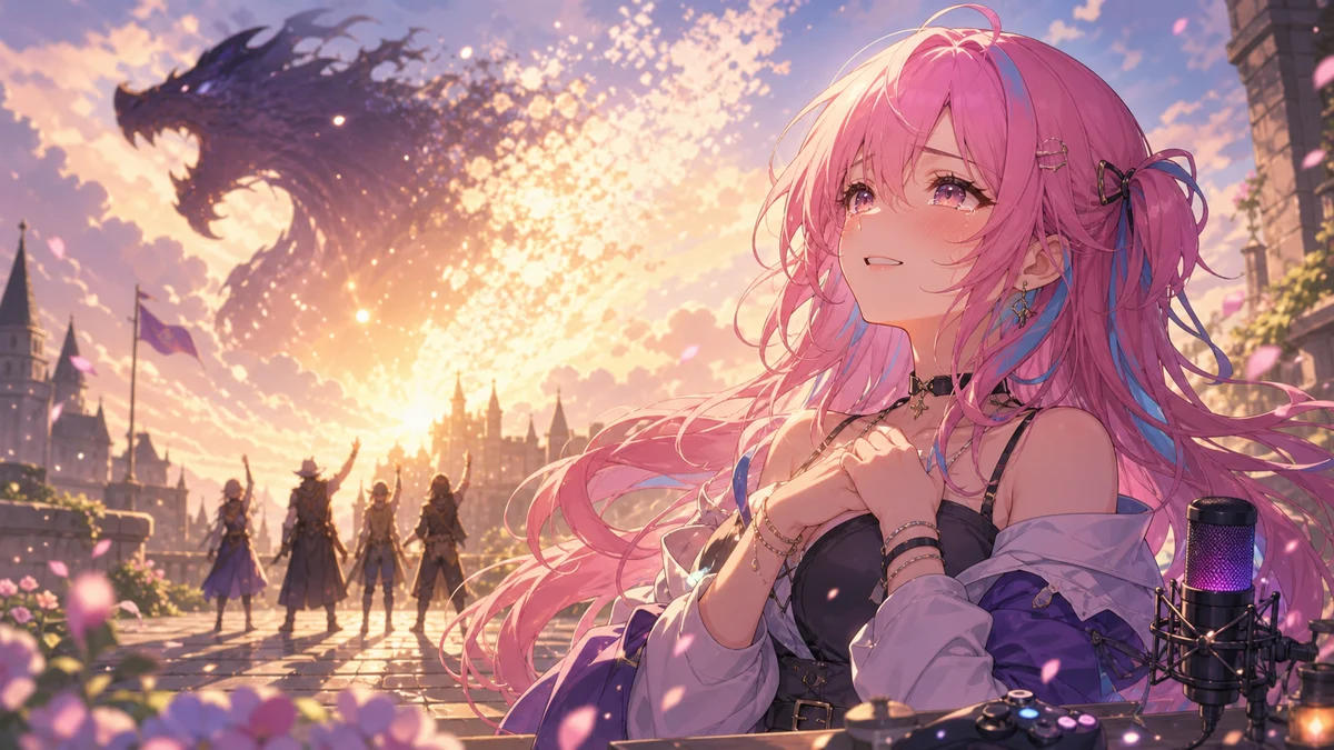 夜明けの城前で巨大な黒い影が光に変わるのを見上げる女性キャラクターのイメージ