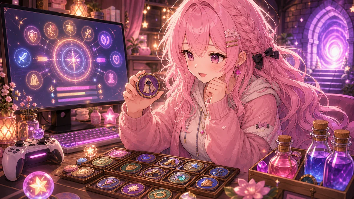 冒険の拠点で装備とレベルを確認する女性キャラクターのイメージ