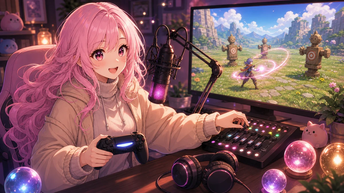 配信部屋で音量メーターを見ながら新しい冒険を始める女性キャラクターのイメージ