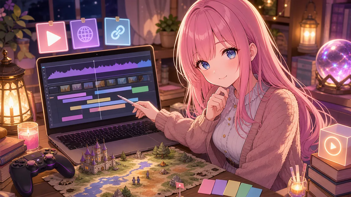 配信アーカイブの時間メモと公式リンクを見比べながら記事を整理する女性キャラクターのイメージ