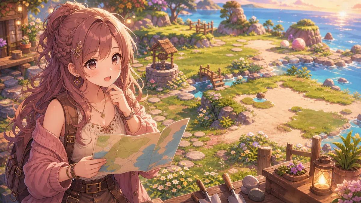 水辺と草むらを整えながら困り顔で地図を見るオリジナル女性キャラクターのイメージ