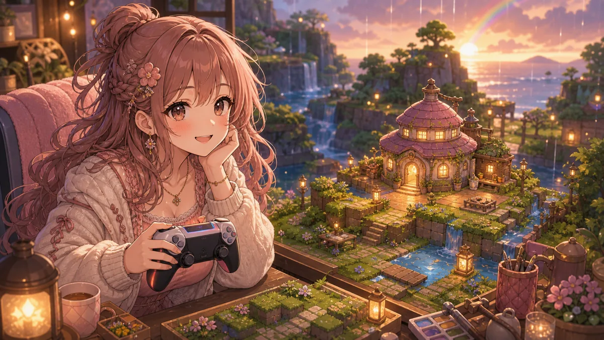 小さな島の施設づくりを終えて次の建物を眺めるオリジナル女性キャラクターのイメージ