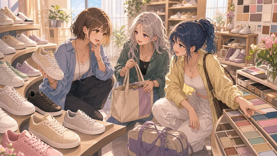 ベース選びで靴と色見本を前に相談するオリジナル女性キャラクターたち