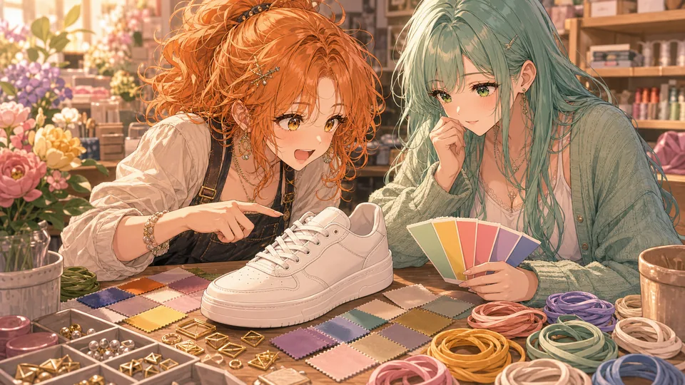 カスタム画面と色見本を見ながら推し靴の配色に迷うオリジナル女性キャラクター