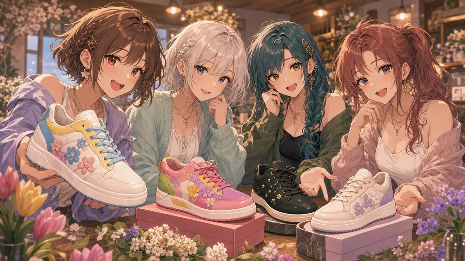 完成した推し靴を並べて笑顔で紹介するオリジナル女性キャラクターたち