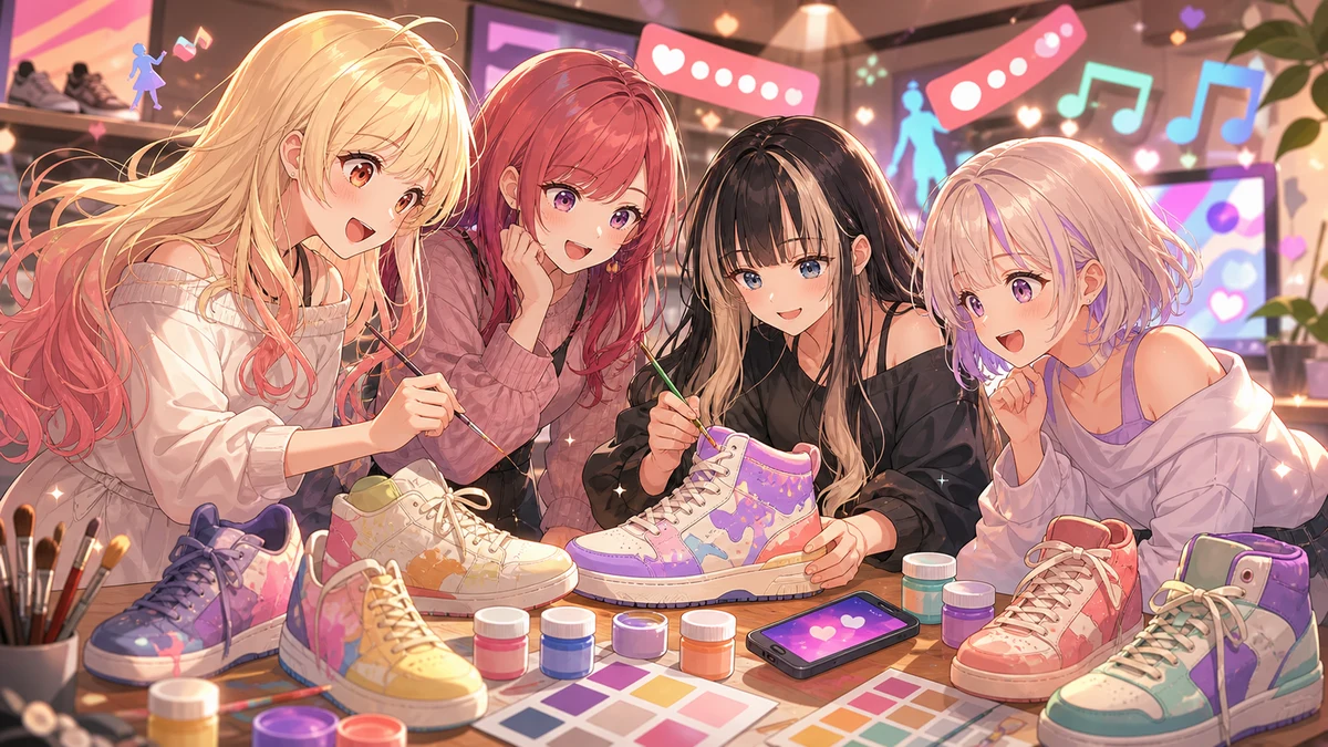 色付きの靴と抽象的な反応アイコンを囲んで相談するオリジナル女性キャラクターたち