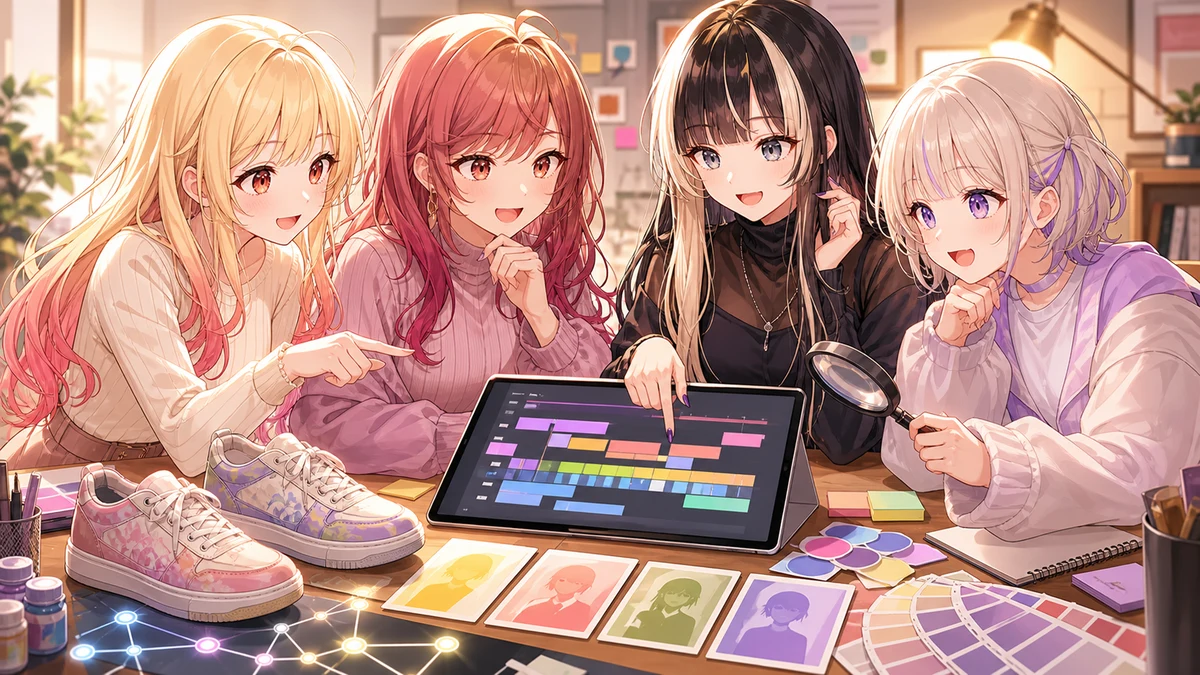 カラーブロックのタイムラインと靴を見ながら確認資料を整理するオリジナル女性キャラクターたち