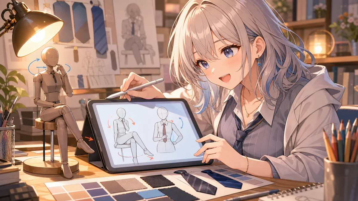 3Dポーズ人形とラフ線を見比べながら角度を探すイメージ