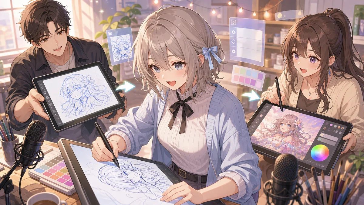 複数の人物がタブレットと紙を使ってラフから塗りまで分担するイメージ