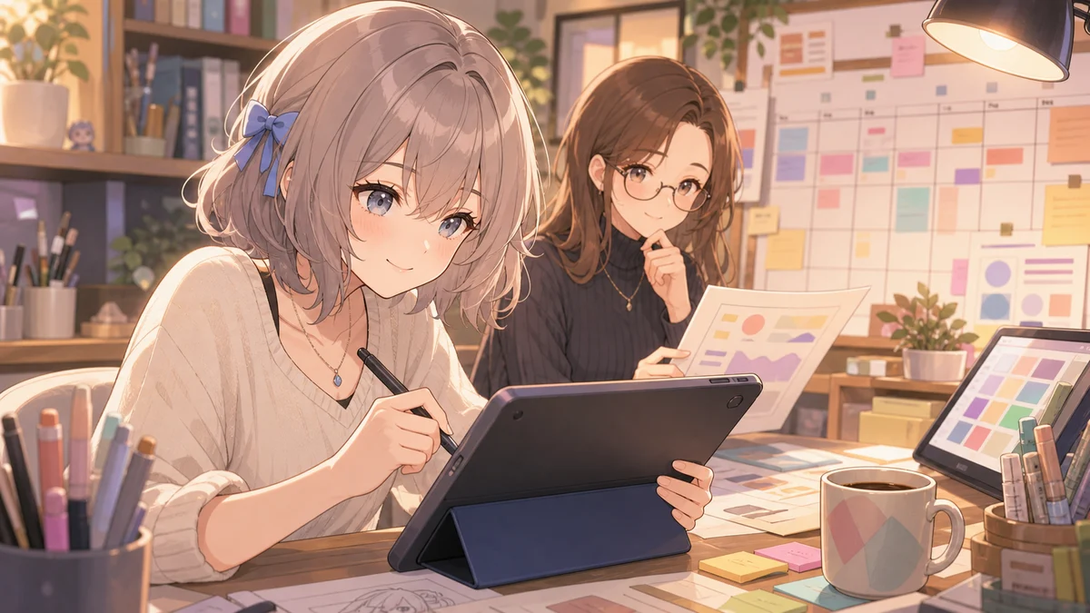 作業机で人物が予定表やタブレットを見ながら制作の進め方を考えるイメージ