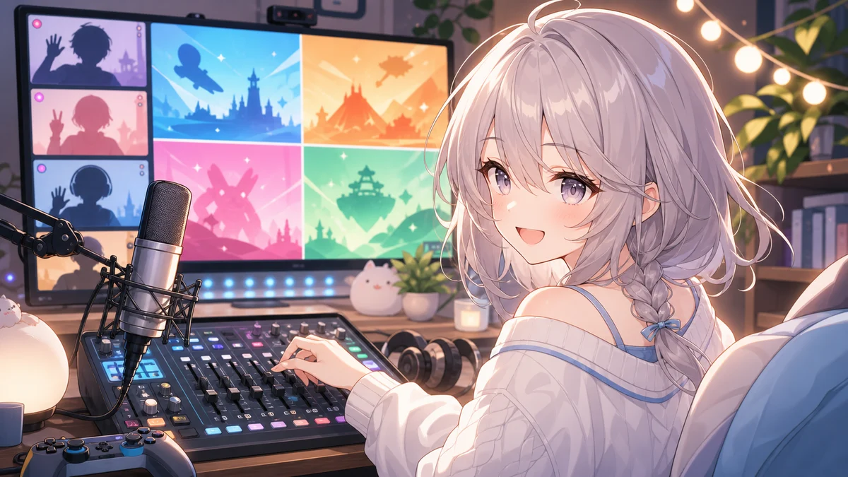 明るい配信部屋で複数のゲーム発表を見守るイメージ