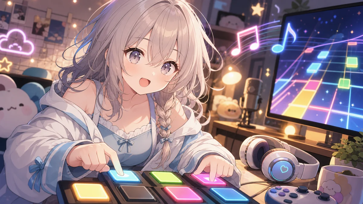 音符やゲーム小物に囲まれて発表を楽しむ配信イメージ
