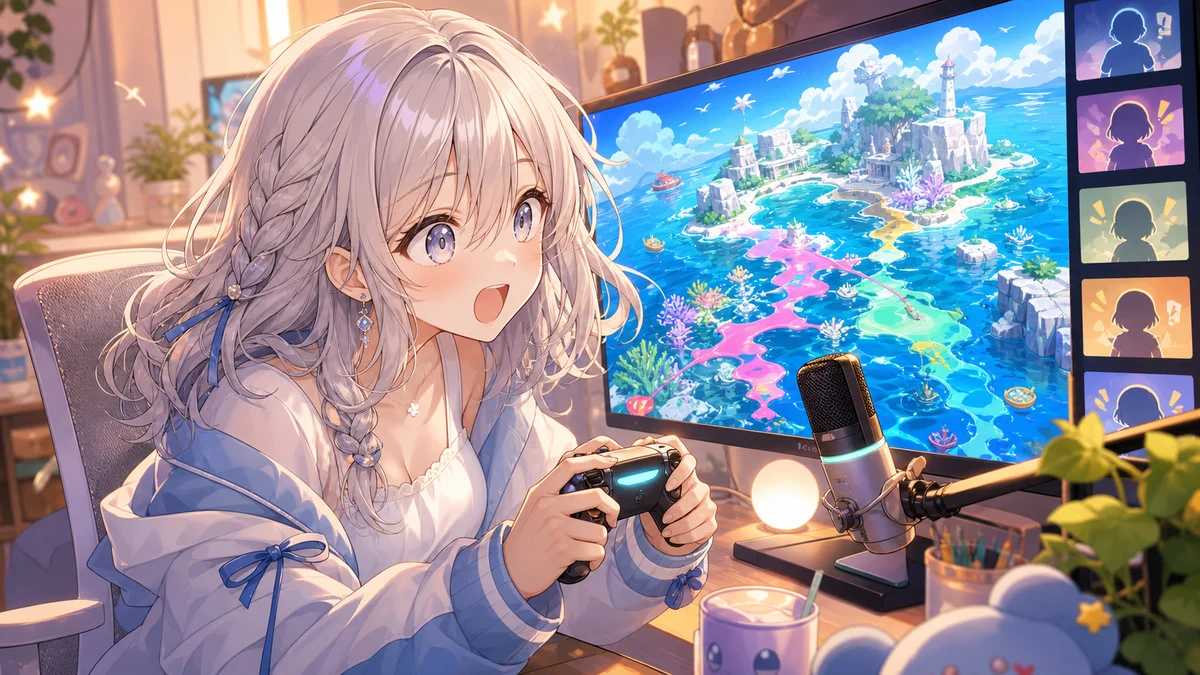 カラフルな海辺の探索UIを見ながら身を乗り出す配信イメージ