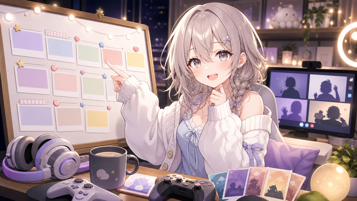 発表後に予定表とゲーム小物を囲んで話す配信イメージ