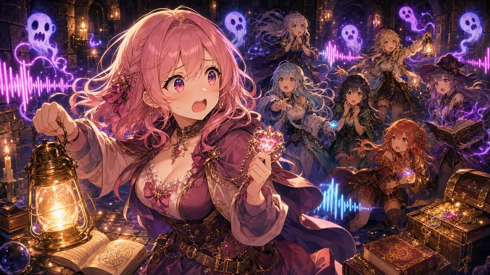 ホラー探索中に言葉選びで慌てる8人コラボをイメージしたオリジナルイラスト