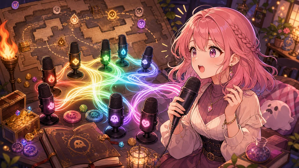 複数のマイクと光の声の線が交差する配信机のオリジナルイラスト