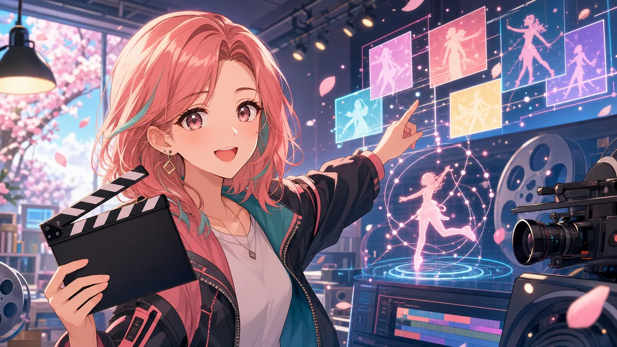 アニメMVの制作クレジットと絵コンテ風の資料を確認するオリジナル女性キャラクターのイメージ