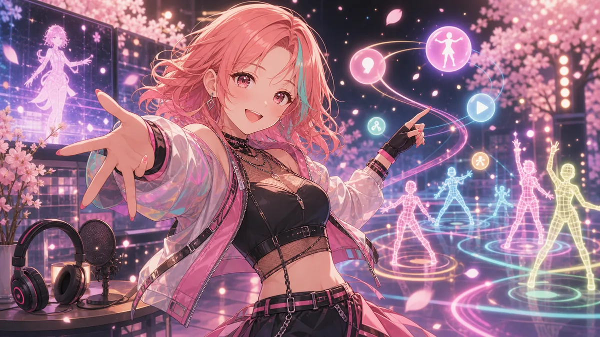 MMDモーションのダンス資料と桜色のステージを前に次の楽しみ方を考えるオリジナル女性キャラクターのイメージ
