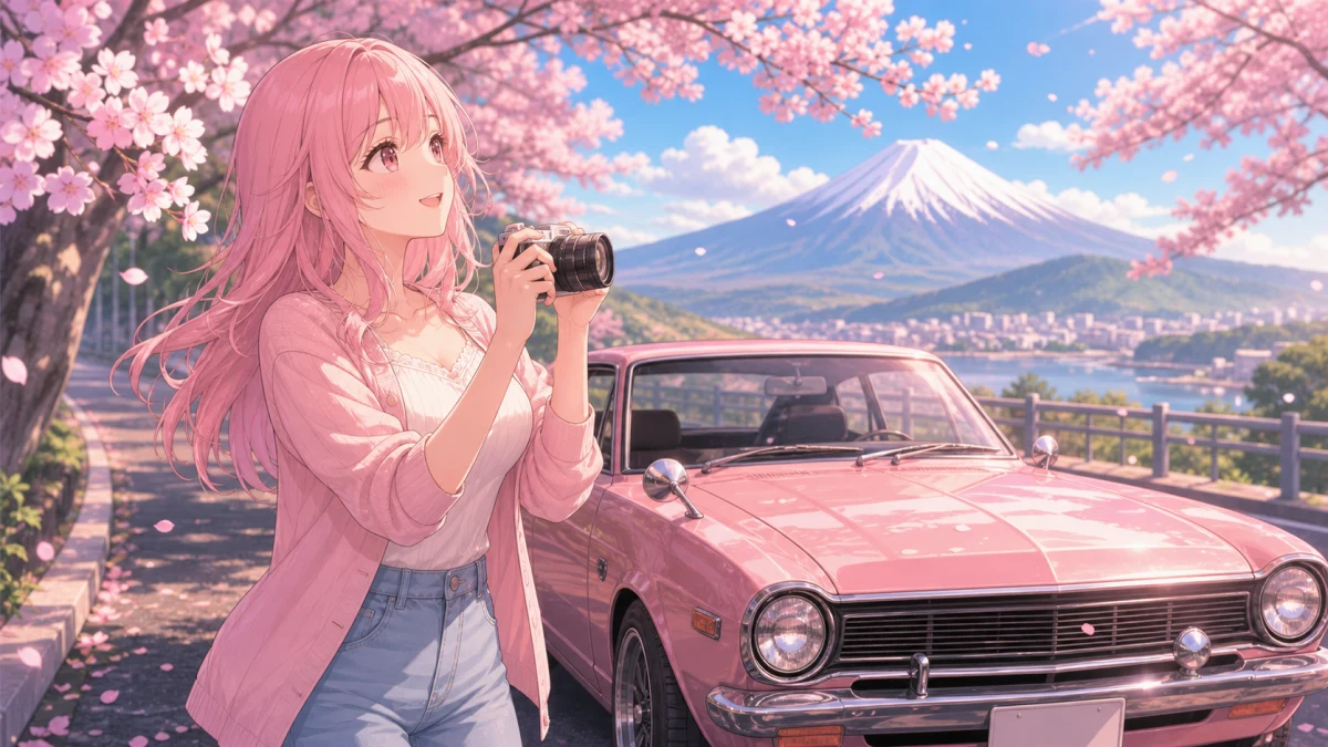 桜並木と山の景色を眺めながら車を止めるドライブ旅行のイメージ