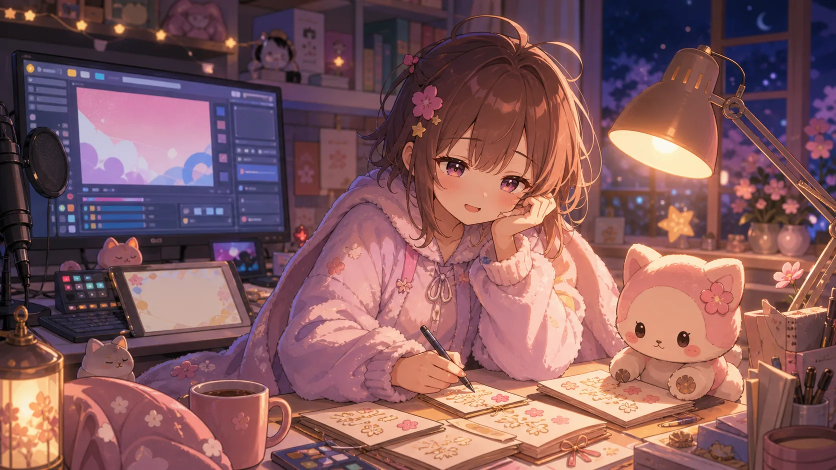 配信準備のサムネイルメモと夜のサイン作業を並べたオリジナルキャラクターのイメージ
