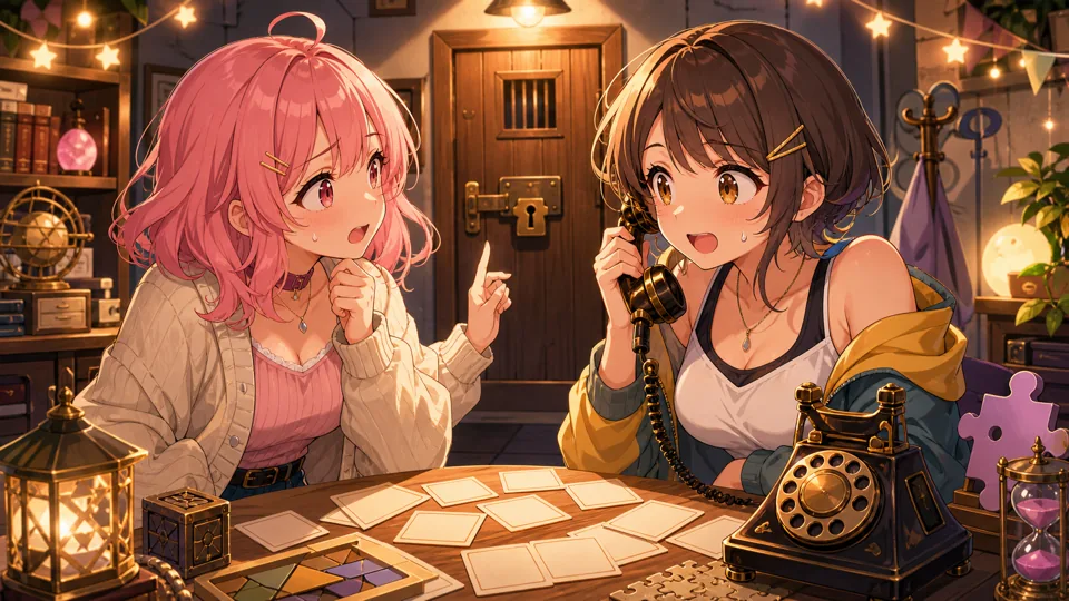 謎解き監禁部屋のルール確認に向き合うオリジナルキャラクター