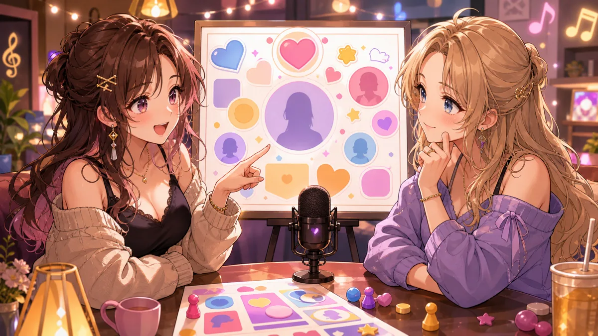 プロフィールカードと小さなゲーム小物を囲んで笑うオリジナル女性キャラクター二人のイメージ