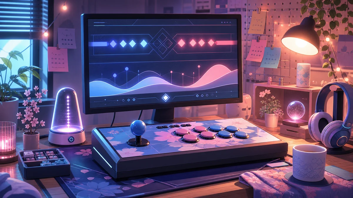 明るい配信部屋で格闘ゲーム用コントローラーと練習メモが並ぶイメージ