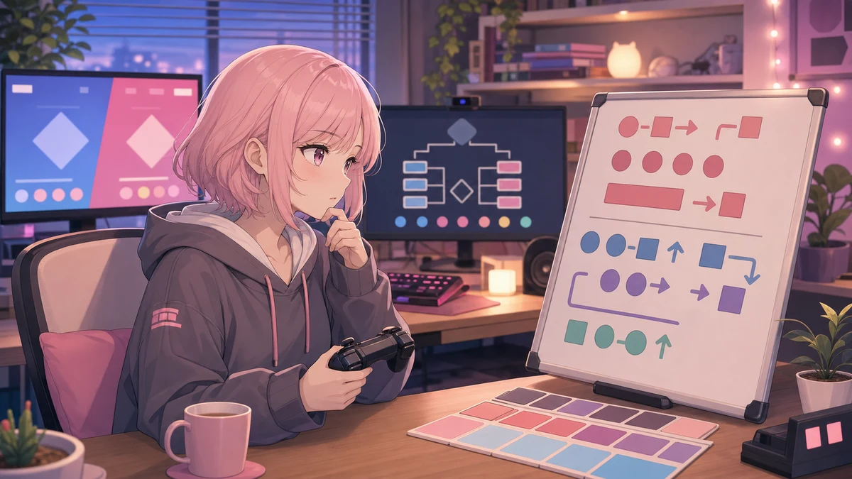 明るい配信部屋で淡いピンク髪の女性キャラクターが格闘ゲーム用コントローラーと対戦メモを見比べるイメージ