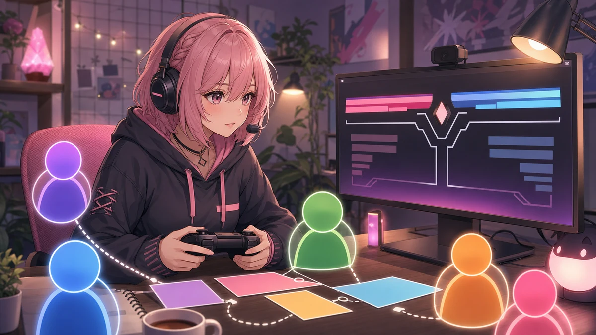 配信画面の前で女性キャラクターが仲間の小さなアイコンと作戦ノートを見ながら声援を送るイメージ