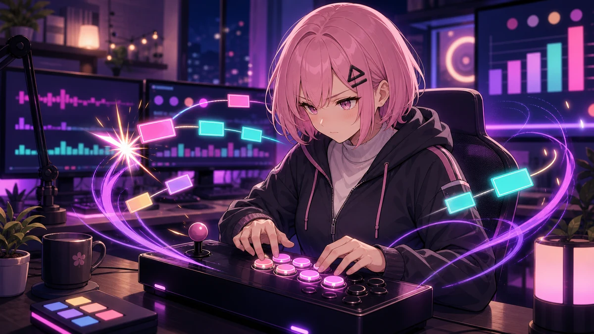 格闘ゲーム風の抽象ステージで女性キャラクターが紫の光の軌道と入力タイミングを確認するイメージ