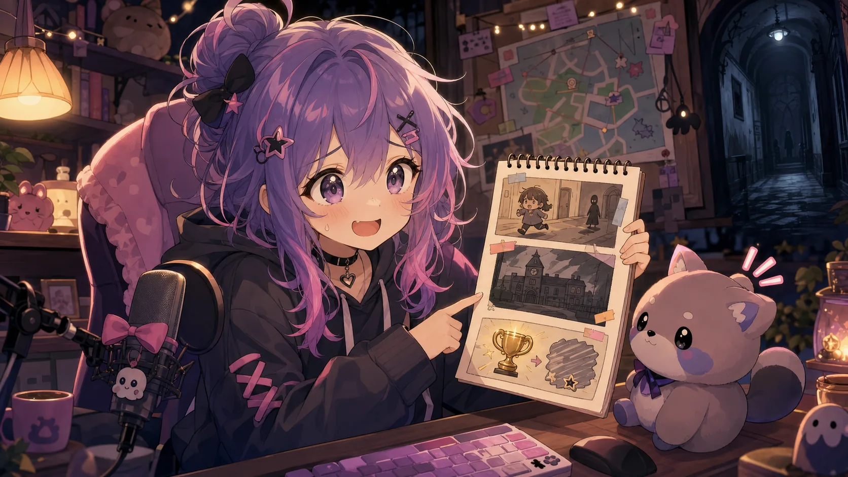 配信机でホラーゲームの現在地を確認するかわいいオリジナルキャラクターのイメージ
