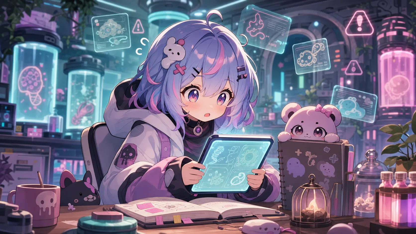 明るい研究施設風の部屋で不穏な記録端末を見つめるかわいいオリジナルキャラクターのイメージ