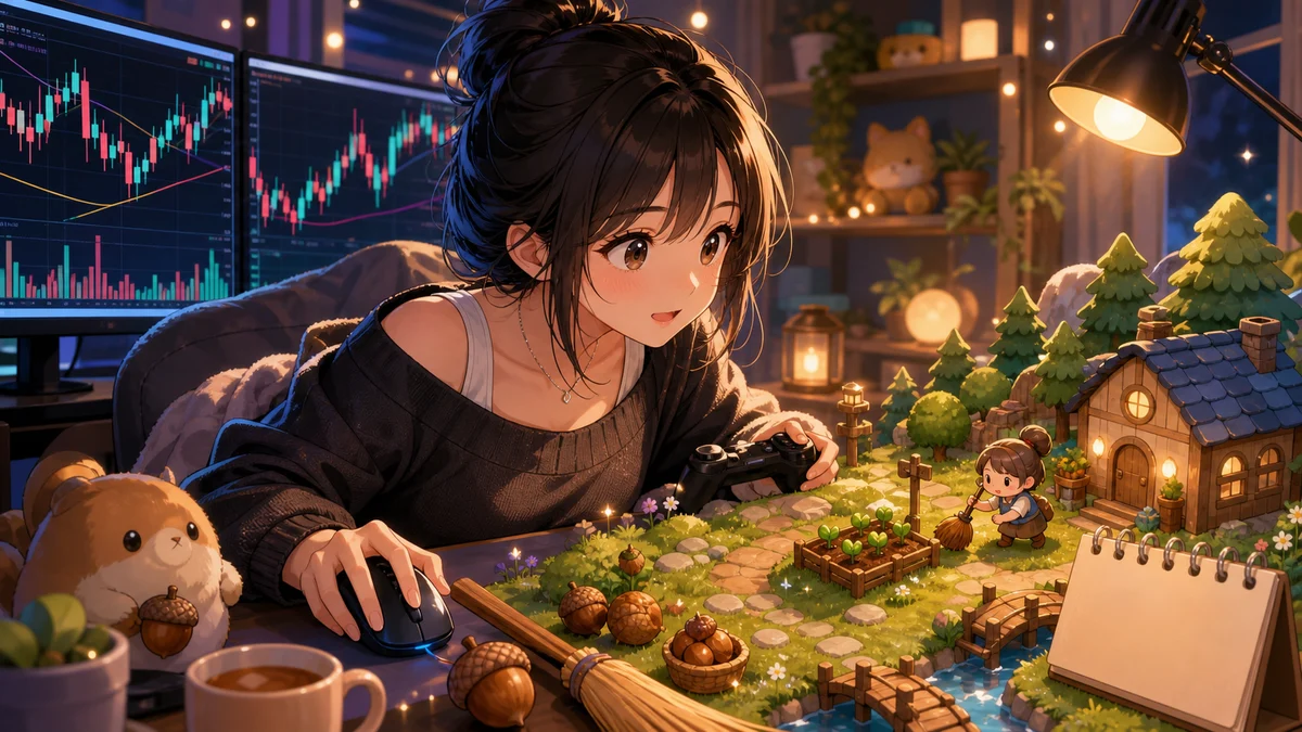 明るい配信部屋でチャート画面と小さな労働ゲーム風の机を前にする女性キャラクターのイメージ