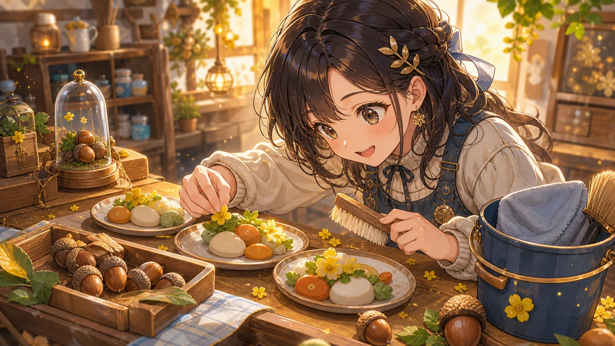 小さな厨房風の作業台で黄色い花飾りと掃除道具を見つめる女性キャラクターのイメージ