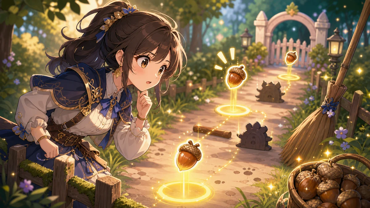 夕方の小道で小さな障害物と抽象的な合図を見ながら身構える女性キャラクターのイメージ