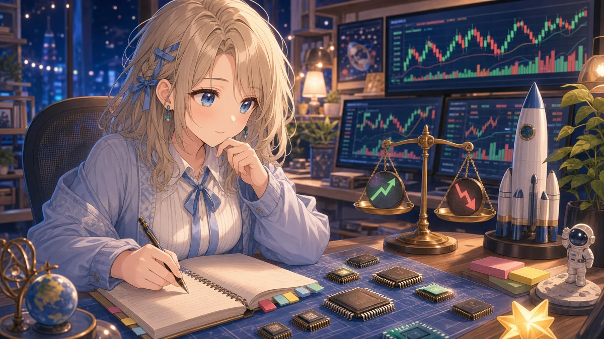 赤緑の抽象チャートと小さなロケット模型、半導体チップを並べて振り返る女性キャラクターのイメージ